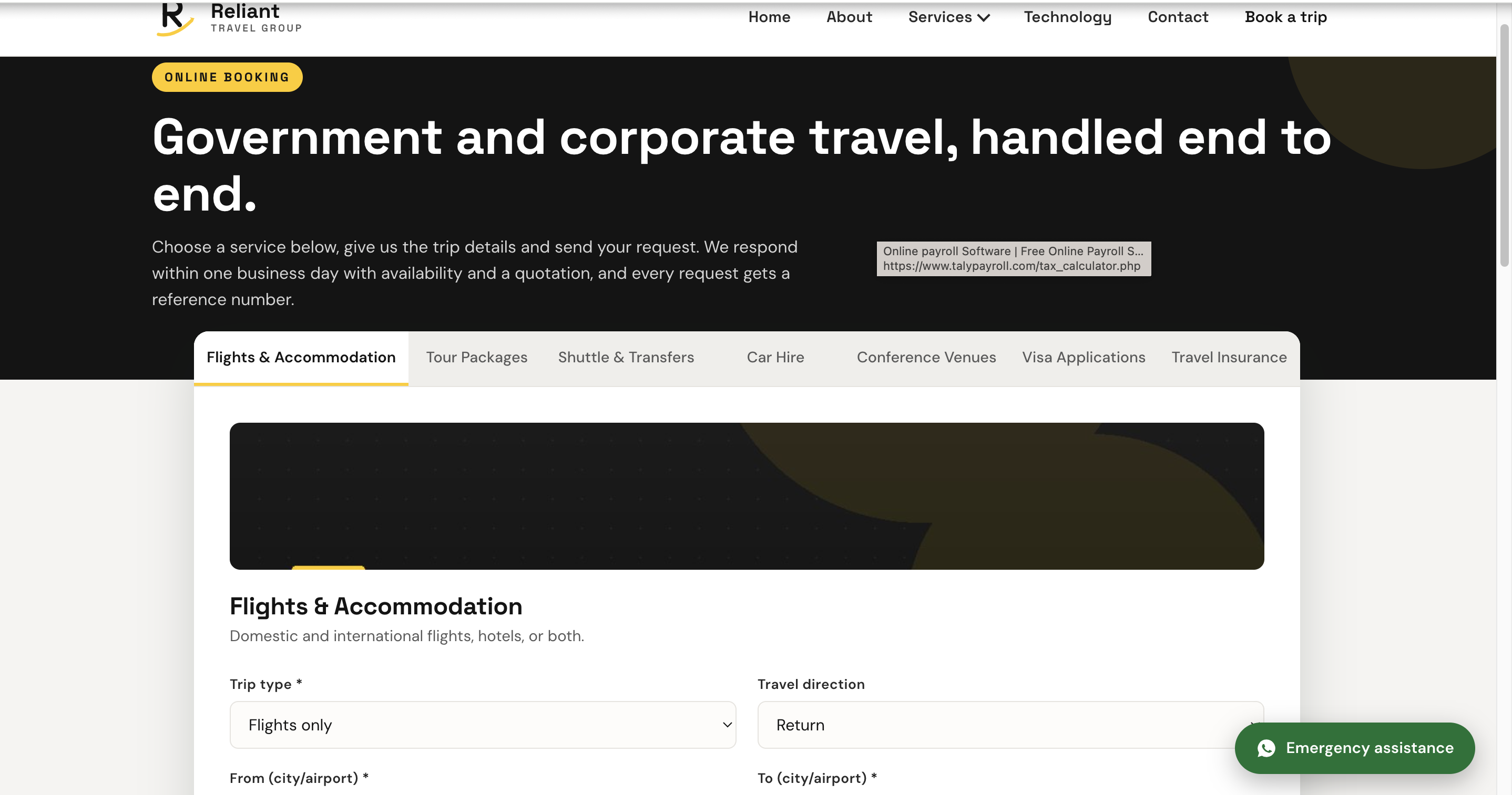 Reliant Travel website screenshot